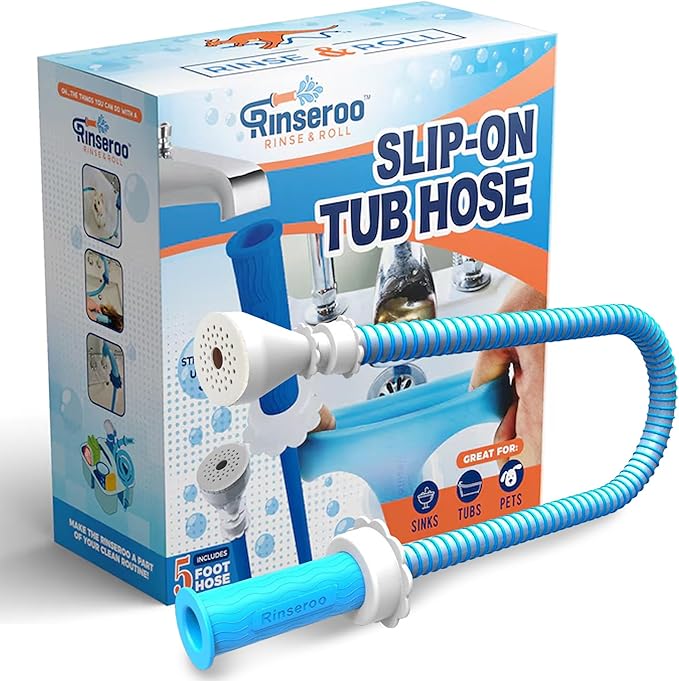Rinseroo: Slip-On Tub Hose – As Seen on Shark Tank – 5ft Flex Bathtub Faucet Sprayer – Easy Rinse for Pets, Hair &amp; Cleaning – No Installation Needed – Fits Faucets Up to 3” Wide – Mess-Free &amp; Portable