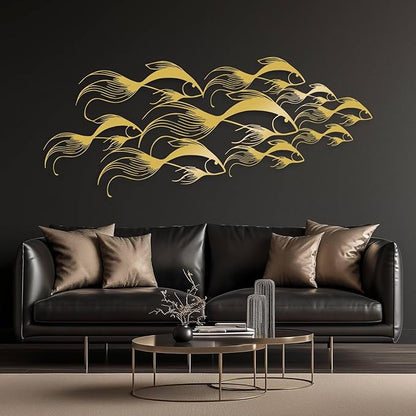 School of Fish Metal Wall Art, Metal Fish Wall Decor, Sea Life Wall Art, Large Nautical Wall Hanging, Modern Beach House Wall Decor, Ocean Themed Artwork for Bathroom (Black, 53"x22" | 135x57cm)