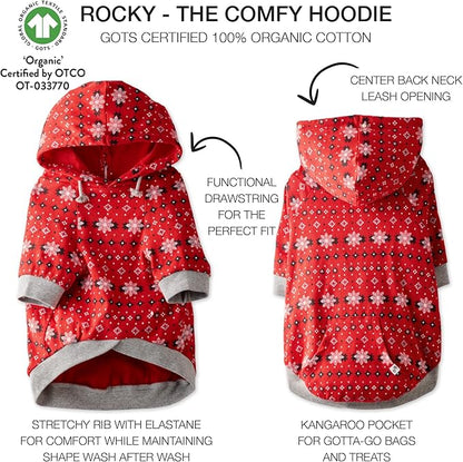 Rocky – The Orginal Lightweight Hooded TEE 100% Organic Cotton Dog Hoodie Pet Coat Sweater for Small, Medium, Large Dogs, Red Fair Isle, Small