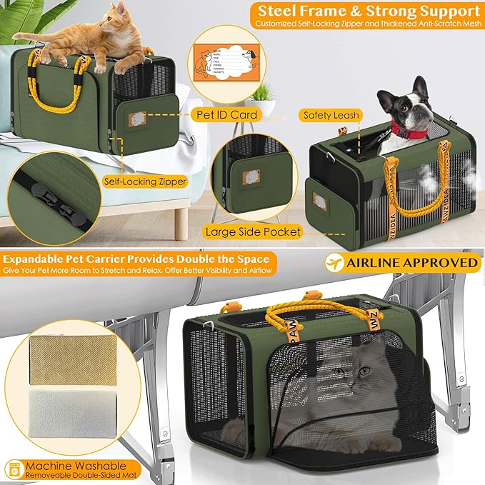 PAWZIDEA Double Pet Stroller with 2 Detachable Carriers, Portable Dog Crate for Car Travel &amp; TSA-Approved Expandable Cat Carrier, Foldable Lightweight Jogger Stroller for 2–4 Cats or Small/Medium Dogs