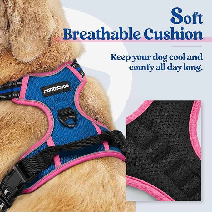 rabbitgoo Dog Harness No Pull with 2 Leash Clips, Adjustable Soft Padded, Reflective Oxford No Choke Pet Vest with Easy Control Handle for Large Dogs, Blue &amp; Hot Pink, S