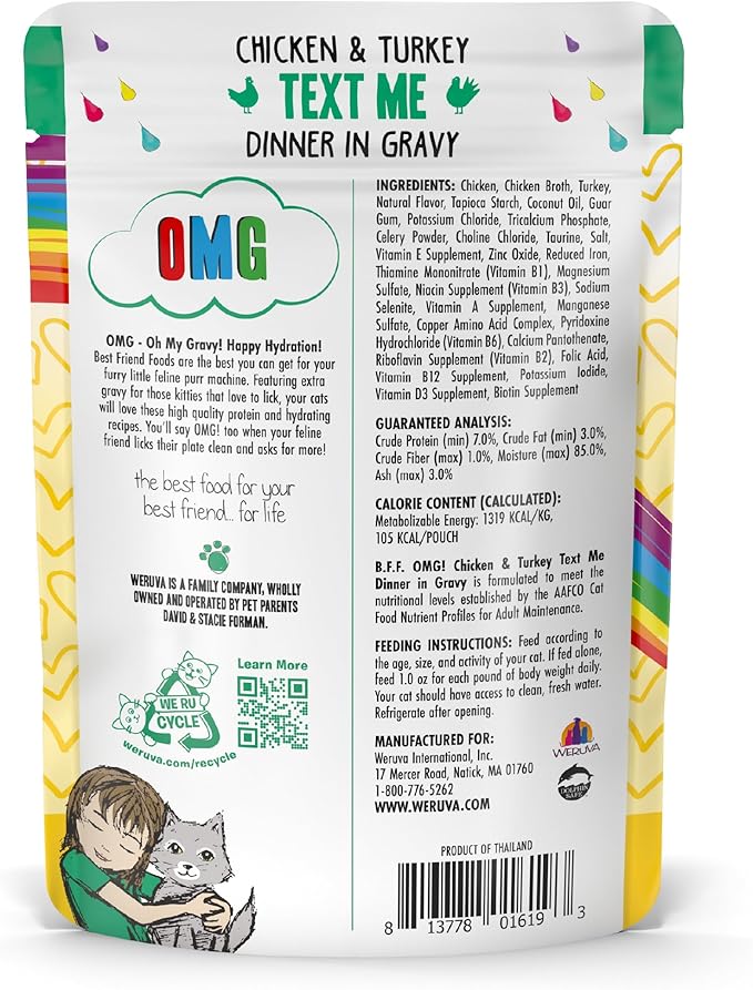 Weruva B.F.F. OMG - Best Feline Friend Oh My Gravy!, Chicken &amp; Turkey Text Me with Chicken &amp; Turkey in Gravy, 2.8oz Pouch (Pack of 12)