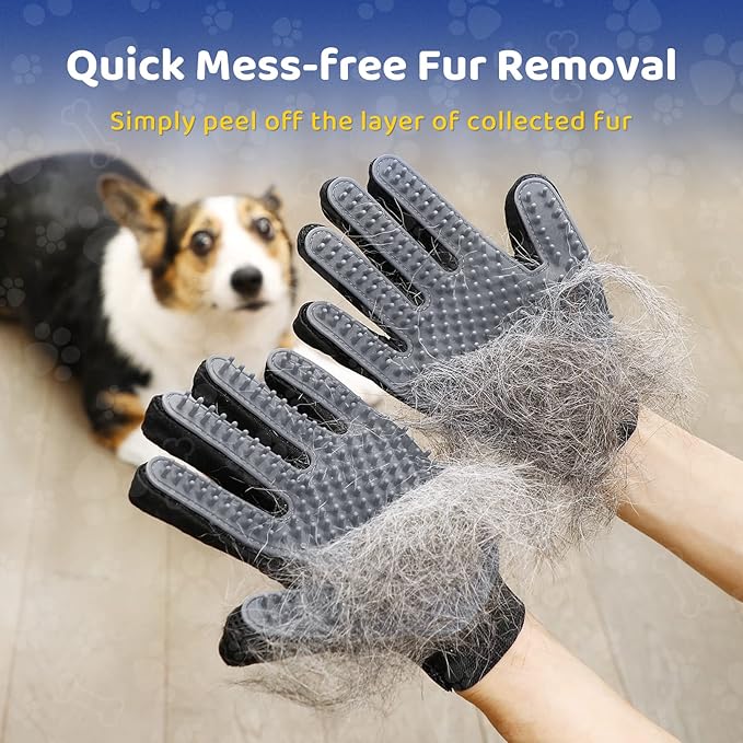 Upgrade Version Pet Grooming Glove - Gentle Deshedding Brush Glove - Efficient Pet Hair Remover Mitt - Enhanced Five Finger Design - Perfect for Dog &amp; Cat with Long &amp; Short Fur - 1 Pair (Gray)