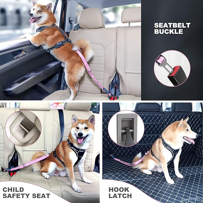 IOKHEIRA Dog Seat Belt 3-in-1 Car Harness for Dogs Adjustable Safety Seatbelt for Car Nylon Reflective Bungee Fabric Dog Car Harness with Clip Hook Latch &amp; Buckle, Swivel Zinc Alloy Carabiner (Pink)