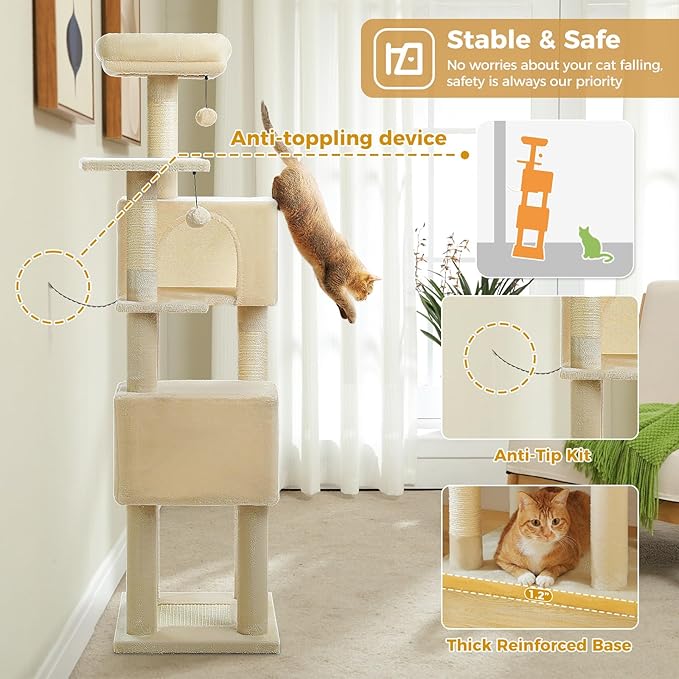 Cat Tree for Indoor Cats, Multi-Level Cat Tower with Sisal Scratching Posts, Padded Platform, Multi-Level Cat Condo w/Soft Bed &amp; Scratching Pad, 2 Pompoms, Sturdy Base, Beige
