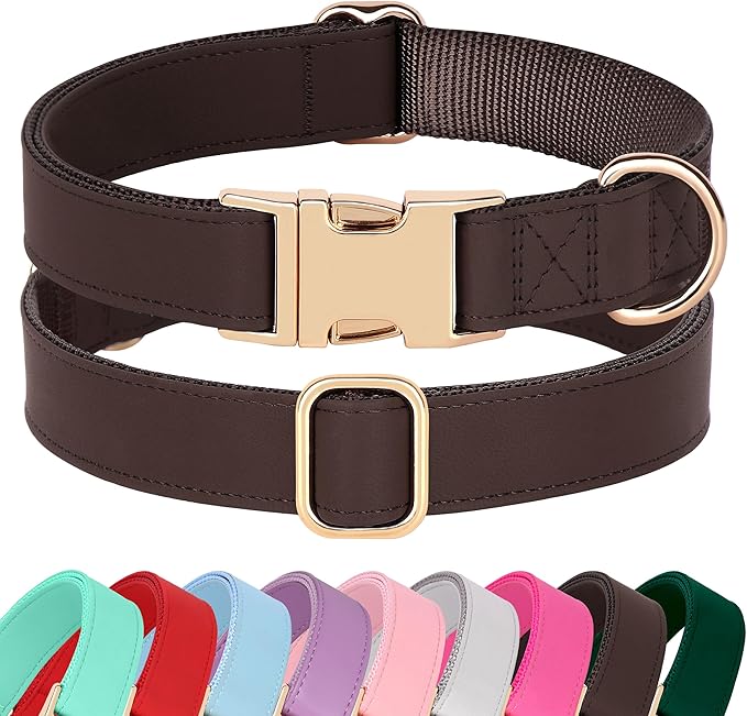 PET ARTIST PU Leather Dog Collar, Bright &amp; Stylish Brown Dog Collar with Quick Release Gold Metal Buckle, Soft Nylon Padded Durable Pet Collars Adjustable for Large Dogs, Neck Fit 16-27"