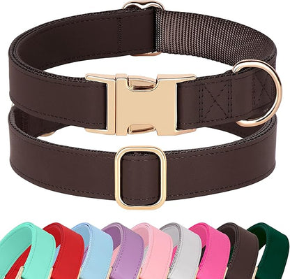 PET ARTIST PU Leather Dog Collar, Bright &amp; Stylish Brown Dog Collar with Quick Release Gold Metal Buckle, Soft Nylon Padded Durable Pet Collars Adjustable for Large Dogs, Neck Fit 16-27"