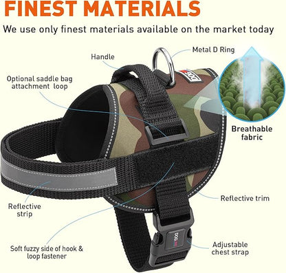 Dogline Dog Harness, Reflective No-Pull Adjustable Vest with Handle for Walking, Training, Breathable, No - Choke Harness for Small, Medium or Large Dogs Room for Patches Girth 33"-46" in Green Camo