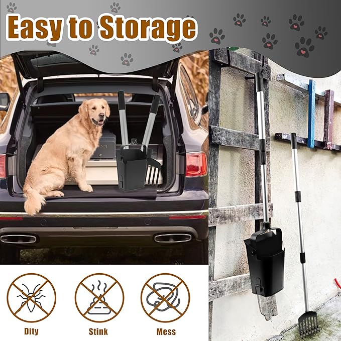 Pooper Scooper Metal 38" Long Adjustable Handle Swivel Bin &amp; Rake for Large &amp; Small Dogs Non-Breakable Dog Poop Scooper Easy to Clean Pet Waste Use on Grass, with 20 Waste Bags