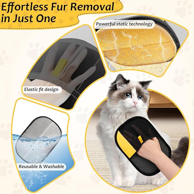 3 Pcs Pet Hair Removal Glove Set, Reusable Electrostatic Pet Hair Remover with Hair Remover Brush and Pet Comb, Upgrade Efficient Cats&amp;Dogs Grooming Gloves for Clothes Furniture Carpet Seat