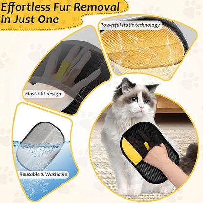 3 Pcs Pet Hair Removal Glove Set, Reusable Electrostatic Pet Hair Remover with Hair Remover Brush and Pet Comb, Upgrade Efficient Cats&amp;Dogs Grooming Gloves for Clothes Furniture Carpet Seat