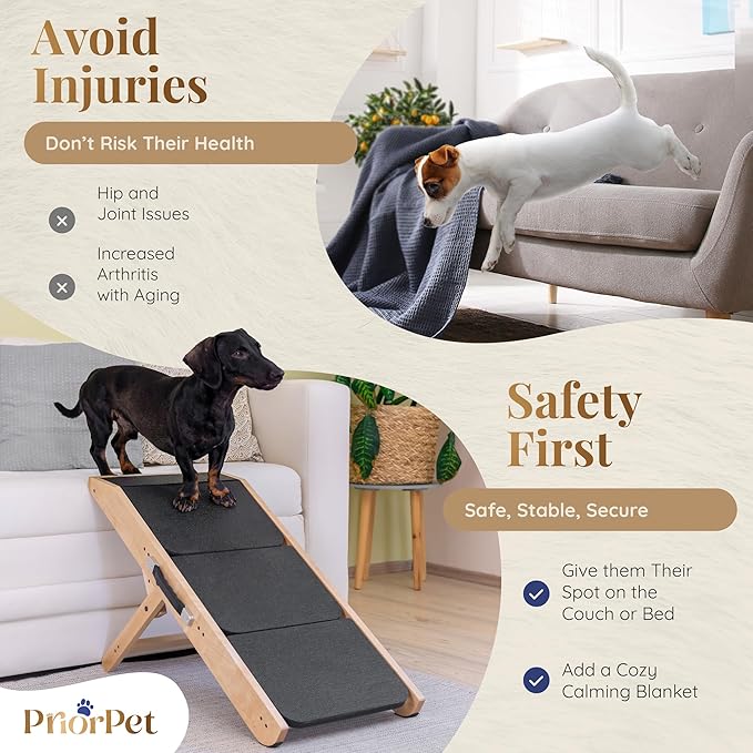 Dog Steps for Bed &amp; Couch 2-in-1 Dog Stairs/Ramp - Height Adjustable Dog Ramp for Couch 7” - 20” - Pet Stairs, Dog Stairs for Small Dogs - Easy to Move Pet Steps with Landing Platform, Natural