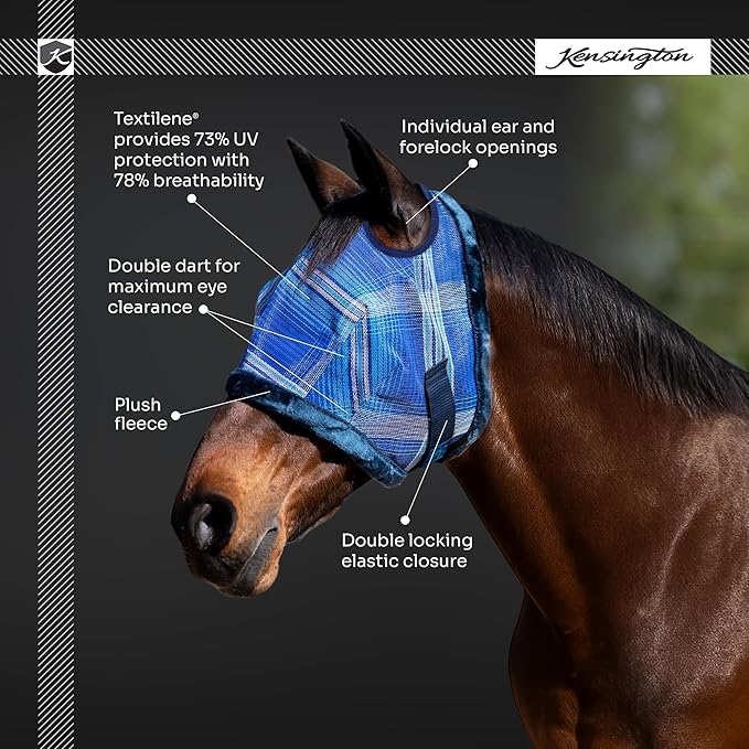Kensington UV Fly Mask with Fleece Trim - Protective Mask with Dual Ear Opening &amp; Forelock Freedom - Large, Deluxe Black