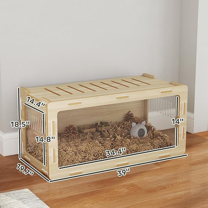 PawHut Hamster Cage with Easy View Acrylic Panels, Small Animal Cage with Air Vents &amp; Openable Roof, Large Habitat for Dwarf, Gerbil, Guinea Pig, Rat, 39" x 20" x 18.5", Oak