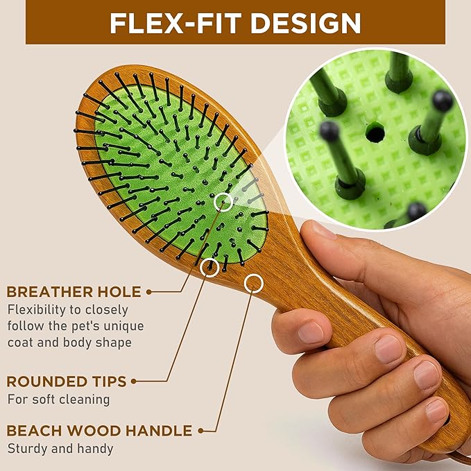 TAKAVU Pin &amp; Bristle Pet Brush for Dogs &amp; Cats - Double Sided Grooming Tool Detangles, Removes Loose Hair &amp; Conditions Coat - Wood Handle
