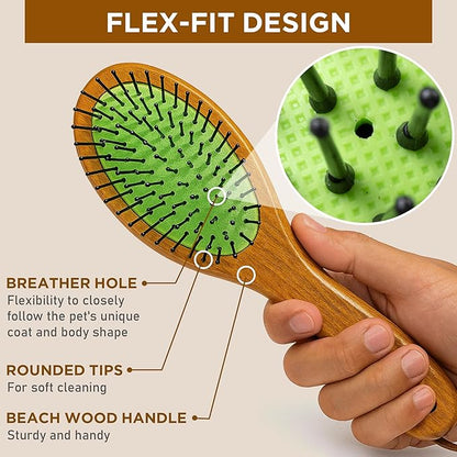 TAKAVU Pin &amp; Bristle Pet Brush for Dogs &amp; Cats - Double Sided Grooming Tool Detangles, Removes Loose Hair &amp; Conditions Coat - Wood Handle
