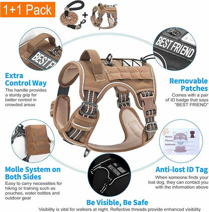 Heavy Duty Tactical Dog Harness for Medium Dogs, Brown, Molle System, Four-point Adjustment, Anti-lost ID Tag, Includes 5ft Leash