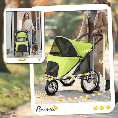 PawHut Dog Stroller, Pet Stroller 3 Wheels with Easy One-Hand Fold, Rubber Wheels, Storage Bag, Soft Cushion, Safety Leash, for Small &amp; Medium Dogs, Yellowish Green
