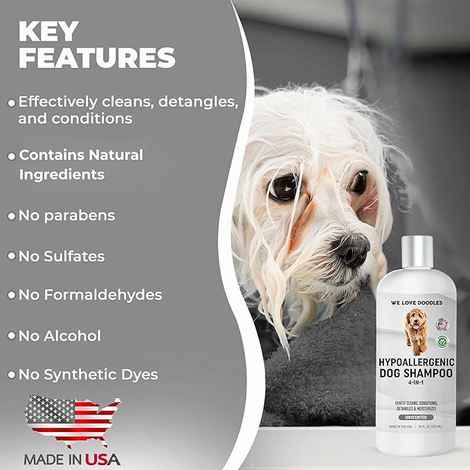 Hypoallergenic Dog Shampoo, Conditioner, and Detangler | Made in USA | Eco-Friendly Ingredients | Shampoo for Dogs with Sensitive Skin &amp; Allergies | 16 OZ [We Love Doodles]