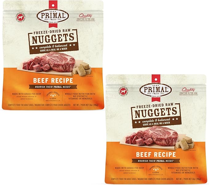 Primal Freeze Dried Raw Dog Food Nuggets, Beef, Complete &amp; Balanced Meal, Also Use as Topper or Treat, Premium, Healthy, Grain Free, High Protein Raw Dog Food, 14 oz (Pack of 2)