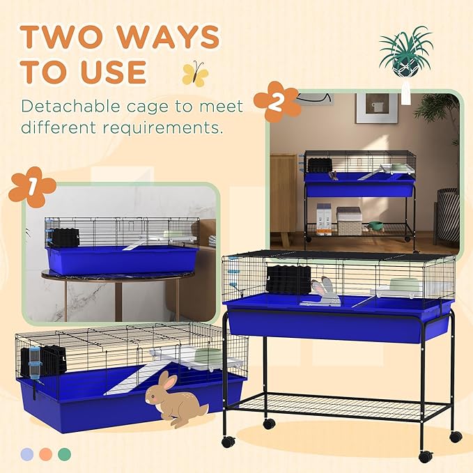 PawHut Two-Story Small Animal Cage Removable from Stand, Guinea Pig Cage with Shelf &amp; Wheels, Pet Habitat for Hedgehog, Chinchilla, Ferret, 39" x 20.5" x 36.5", Blue