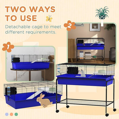 PawHut Two-Story Small Animal Cage Removable from Stand, Guinea Pig Cage with Shelf &amp; Wheels, Pet Habitat for Hedgehog, Chinchilla, Ferret, 39" x 20.5" x 36.5", Blue