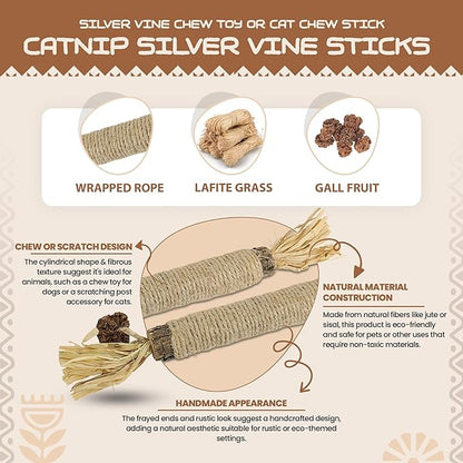 Catnip Silvervine Sticks for Cats | Silver Vine Chew Toy or Cat Chew Stick | Kitten Teething Toys | Cat Dental Chew with Cat Raffia Grass for Healthy Teeth &amp; Digestion | Silvervine Cat Toy | 2 Sticks