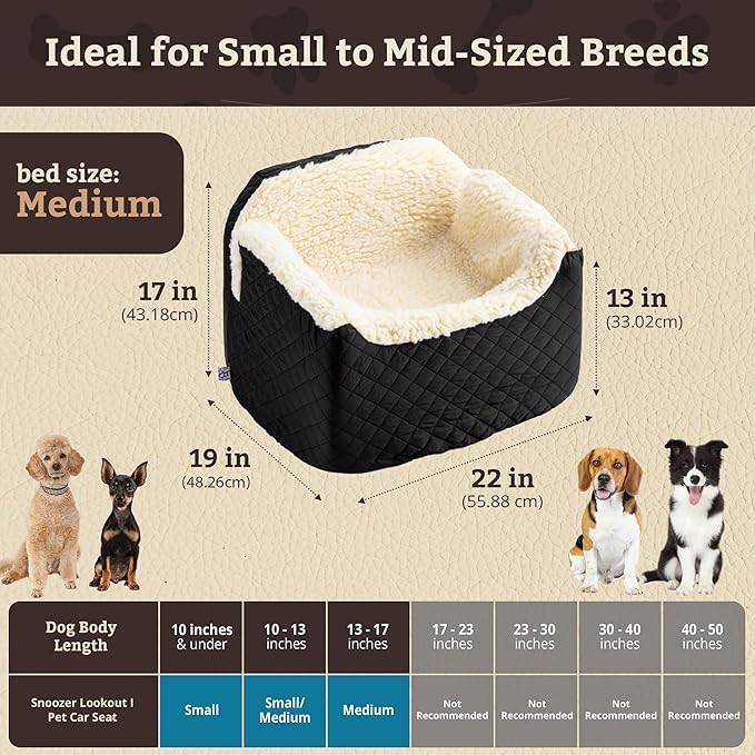 Snoozer Lookout I Car Seat - Dog Car Seats for Small Dogs, Puppy Booster Bed for Small &amp; Medium Sized Pets Up to 25 Lbs, Elevated, Washable - Medium, Black Quilted