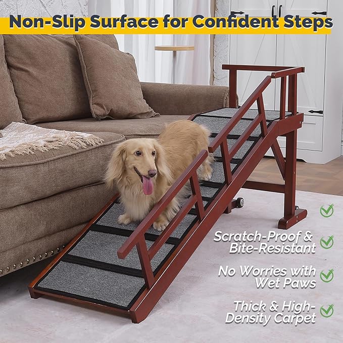 Dog Ramp for Bed or Couch, Wooden Pet Ramp with 20° Gentle Slope, Removable Side Rails, Non-Slip Surface, Top Platform &amp; Wheels, Safe Bed Ramp for Small, Medium &amp; Senior Dogs, 60" Long, Mahogany