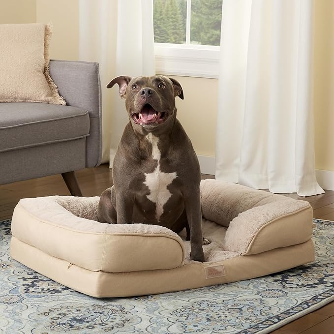 TOWN &amp; COUNTRY EVERYDAY CuddleTown Comfy Solid Bolster Sofa Pet Bed, Supportive &amp; Calming Egg Crate Foam, Non-Slip Bottom, Machine Washable Cover, Warm Taupe, Large 35"x25"x8"