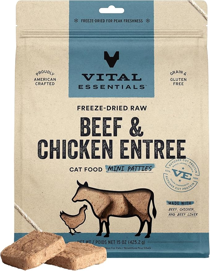 Vital Essentials Freeze Dried Raw Cat Food, Beef &amp; Chicken Mini Patties Entree, 15 oz