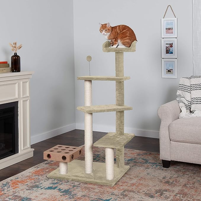 Furhaven 49.5" Tall Cat Tree for Indoor Cats, Ft. Sisal Scratching Posts, Plush Ball Toy, &amp; Busy Box Toy - Tiger Tough Play Stairs Interactive Playground Tower - Cream, One Size
