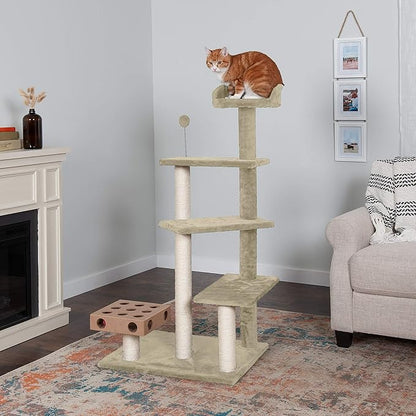 Furhaven 49.5" Tall Cat Tree for Indoor Cats, Ft. Sisal Scratching Posts, Plush Ball Toy, &amp; Busy Box Toy - Tiger Tough Play Stairs Interactive Playground Tower - Cream, One Size