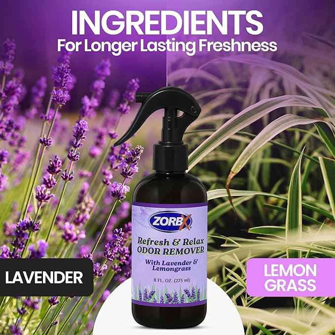 ZORBX Refresh &amp; Relax Odor Remover Spray with Lavender &amp; Lemongrass 8 Oz (Pack of 2) – Permanent Solution Room Freshener &amp; Air Freshener Spray for Home, Bathroom, Furniture, Carpet, Car, Gym &amp; Laundry