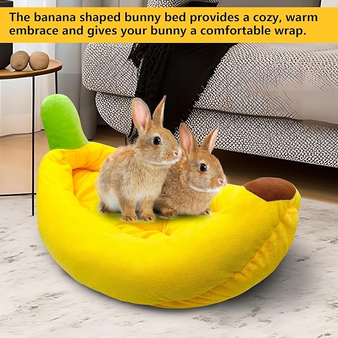 Rabbit Bed,Bunny Bed,Thick&amp;Soft with Removable Mat,Machine Washable Guinea Pig Cushion,Cozy Rabbi Plush House,Warm Small Animal Sleeping Beds(Yellow Banana Shape-L)
