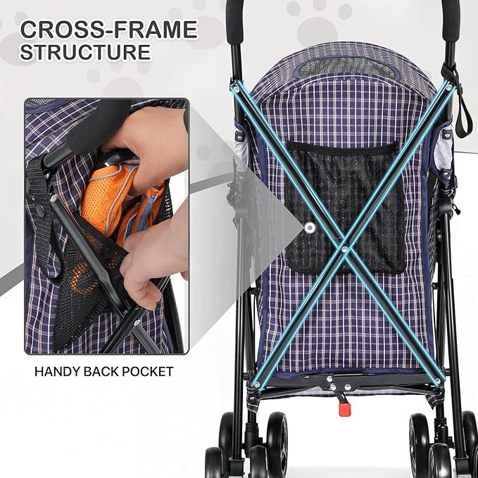 MoNiBloom 4 Wheels Pet Stroller, Easy-Fold Umbrella Shaped Dog Cat Jogger Stroller w/Storage Bag &amp; Visible Mesh for Small/Medium Dogs Cats Plaid