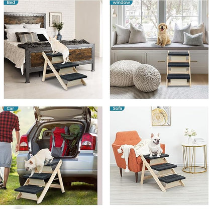 Wood Pet Stairs/Pet Steps for All Dogs and Cats - 2-in-1 Foldable Carpeted 3 Tiers Dog Stairs &amp; Ramp Perfect for Beds and Cars - Portable Dog/Cat Ladder Up to 120 Pounds