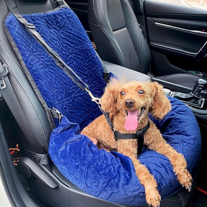 Dog Car Seat for Small Medium Dogs Up to 40lbs, Detachable Washable Soft Pet Booster Travel Bed for Front &amp; Blue Seat with Safety Leash Belt