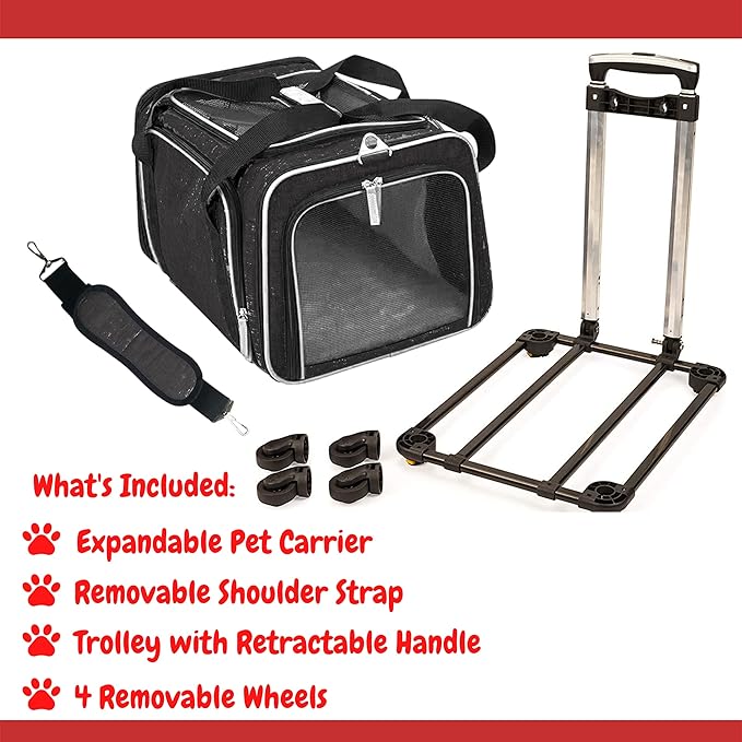 Airline Approved Expandable Premium Pet Carrier on Wheels- Two Sided Rolling Carrier- Designed for Dogs &amp; Cats- Extra Spacious Soft Lined Carrier! (Black) (RL-PET-CARRIER-WHEELS)
