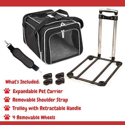 Airline Approved Expandable Premium Pet Carrier on Wheels- Two Sided Rolling Carrier- Designed for Dogs &amp; Cats- Extra Spacious Soft Lined Carrier! (Black) (RL-PET-CARRIER-WHEELS)