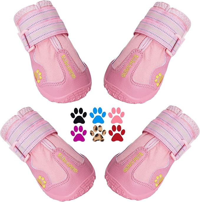 QUMY Dog Shoes for Large Dogs, Medium Dog Boots &amp; Paw Protectors for Winter Snowy Day, Summer Hot Pavement, Waterproof in Rainy Weather, Outdoor Walking, Indoor Hardfloors Anti Slip Sole Pink 2
