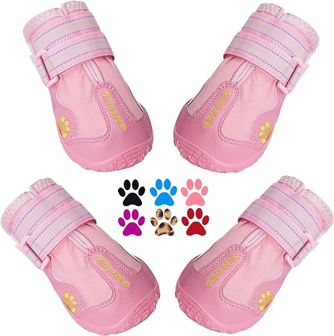 QUMY Dog Shoes for Large Dogs, Medium Dog Boots &amp; Paw Protectors for Winter Snowy Day, Summer Hot Pavement, Waterproof in Rainy Weather, Outdoor Walking, Indoor Hardfloors Anti Slip Sole Pink 1