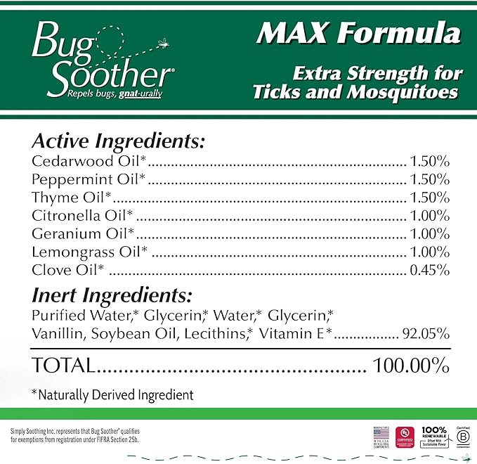 Bug Soother MAX - Extra Strength Natural Gnat, Tick, and Mosquito Repellent, 3 Pack 4 fl oz w/Free 1 oz. Bug Spray Deterrent - DEET Free - Safe for Adults &amp; Environment - Made in USA