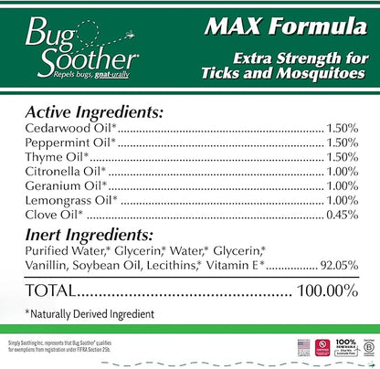 Bug Soother MAX - Extra Strength Natural Gnat, Tick, and Mosquito Repellent, 3 Pack 4 fl oz w/Free 1 oz. Bug Spray Deterrent - DEET Free - Safe for Adults &amp; Environment - Made in USA