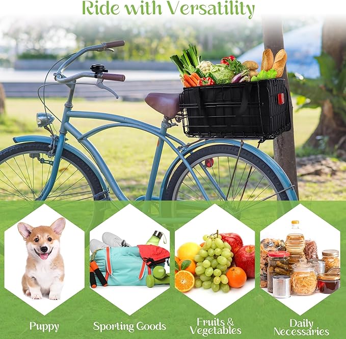 Aodaer Bike Basket with Removable Liner Bag Cargo Net Large Folding Bike Basket Quick Release Metal Ebike Basket Bicycle Storage Basket for Carrying Fruit &amp; Grocery Pets Dogs