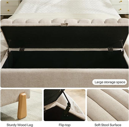 Storage Bench Ottoman 48.6 Inch with Safty Lift Top Lid, Tufted Solid Wood Tapered Legs Footstool for Bedroom, Living Room &amp; Entryway Light Brown