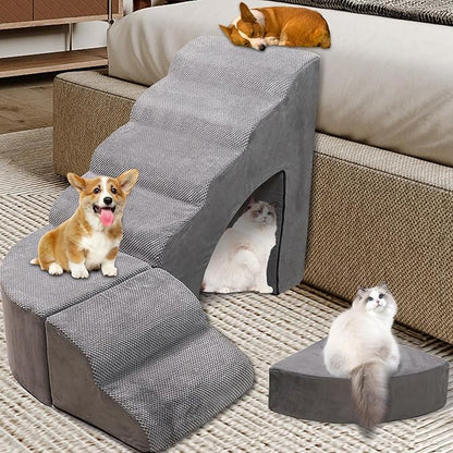 Foam Dog Stairs &amp; Steps Ramps for High Beds 30 inches Tall for Small Dogs and Cats, LitaiL 6 Step Pet Stairs Steps for High Beds 30 inch Large Dogs, Non-Slip Dog Ramps for Older Cat