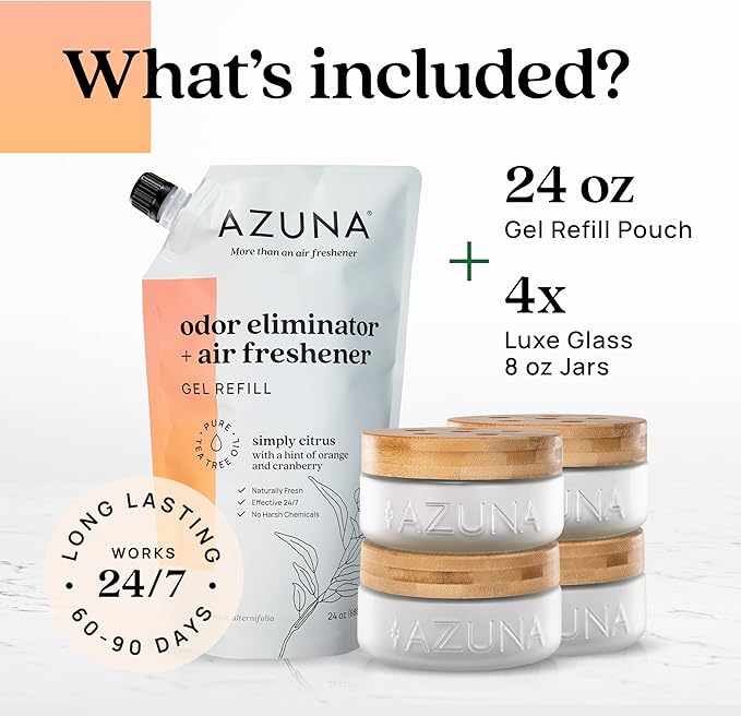 Azuna Air Freshener &amp; Odor Eliminator for Strong Odor | 4 Room Kit Includes (4) Empty Luxe Glass Jar &amp; 24oz Gel Refill with Tea Tree Essential Oil | Simply Citrus | Last 60-90 Days