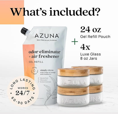Azuna Air Freshener &amp; Odor Eliminator for Strong Odor | 4 Room Kit Includes (4) Empty Luxe Glass Jar &amp; 24oz Gel Refill with Tea Tree Essential Oil | Simply Citrus | Last 60-90 Days