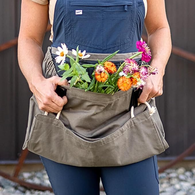 Roo Gardening Apron with Pockets &amp; Harvesting, Picking Pouch - Adjustable, Water-resistant, Washable Canvas Cotton
